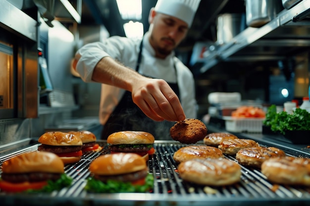 Um chef profissional prepara habilmente deliciosos hambúrgueres de carne em uma cozinha movimentada